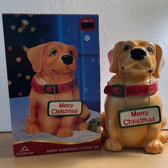 NEW Holiday Time Vintage Dog Sign Lab Labrador  Merry Christmas Cookie Jar - Picture 1 of 13